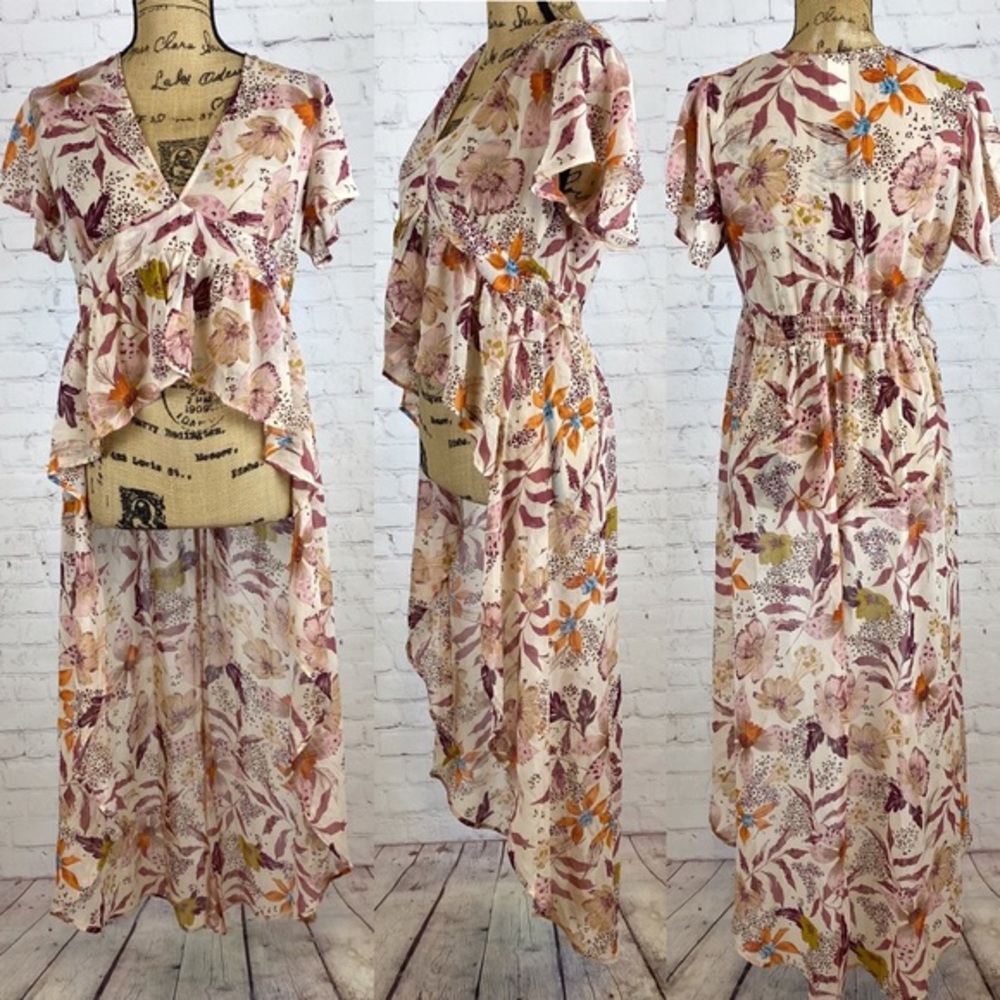 Windsor Semi Sheer Earthtone Floral Print Ruffled High Lo Top